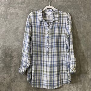 J Jill Love Linen Plaid Popover Blouse women’s size L Blue Coastal minimalist